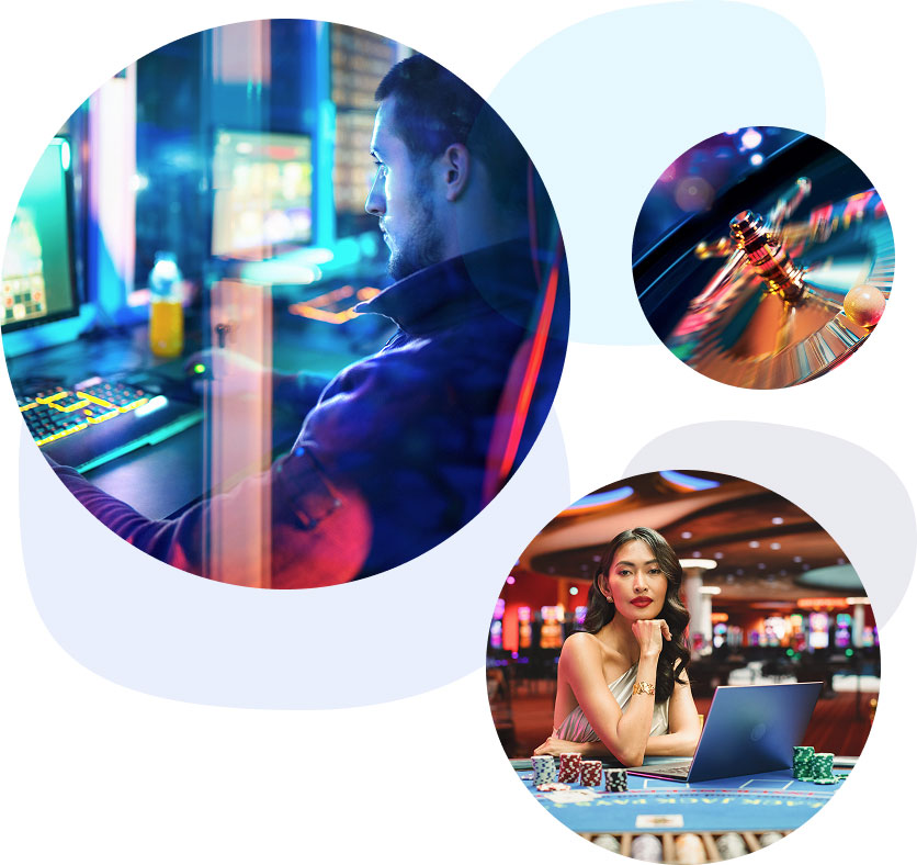 Collage of online and in-person gambling scenes: a man playing on a computer in a gaming room, a close-up of a spinning roulette wheel, and a woman sitting at a casino table with poker chips and a laptop.